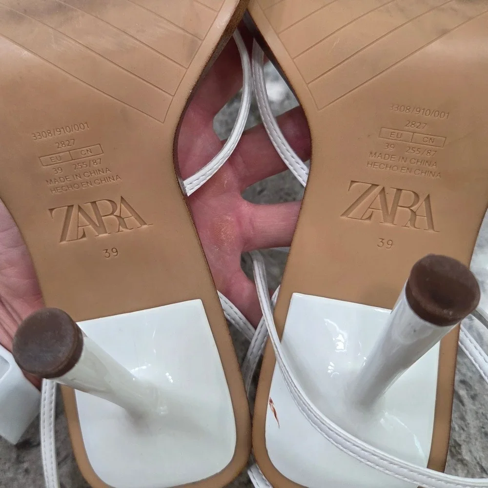 Zara‎ White Heeled Sandals Square Toe Ankle Strap Minimalist Size 39 - Picture 5 of 12